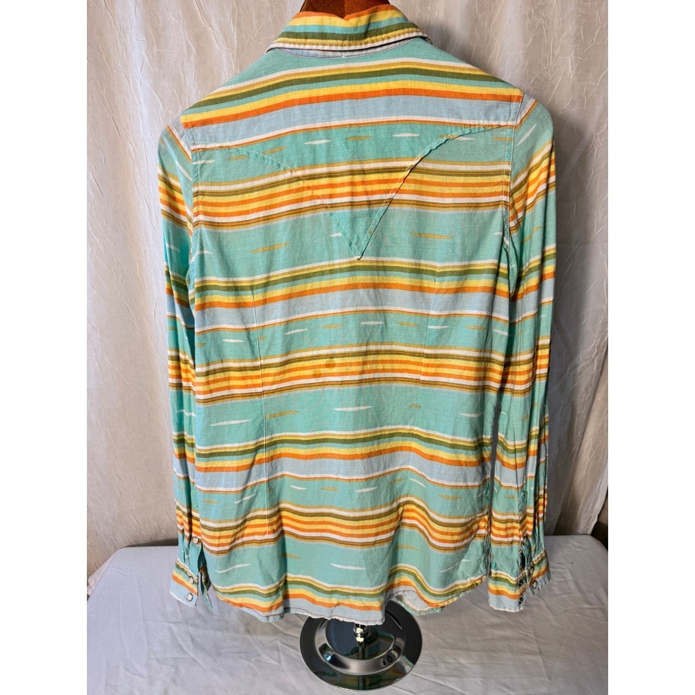 Ryan Michael Western Snap Shirt Womens M Teal Orange Stripe Linen Blend - Picture 2 of 10